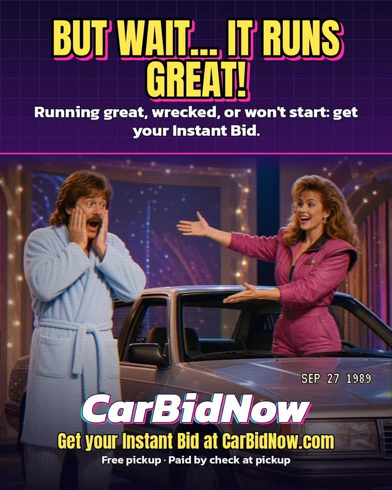 Retro late-night infomercial style ad: Mullet Guy and a host by an old car, headline “But wait... it runs great!” with running, wrecked, or won't start all eligible for an Instant Bid