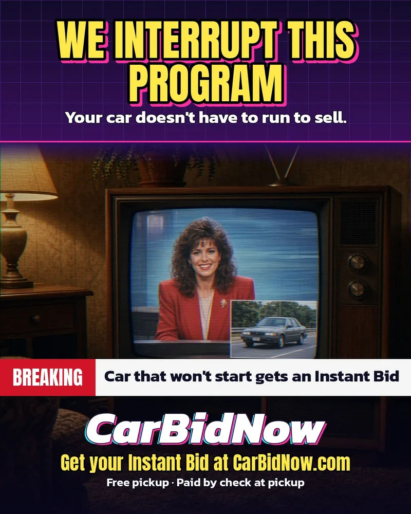 Retro 80s TV news broadcast ad on a wood-grain CRT television, headline “We interrupt this program: your car doesn't have to run to sell” and a breaking news banner