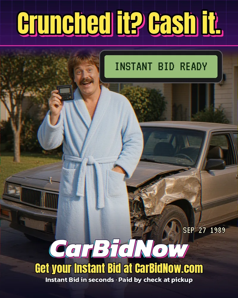 Retro 90s ad: Mullet Guy in a bathrobe holds a pager reading “Instant Bid ready” next to a crunched pickup, headline “Crunched it? Cash it.”