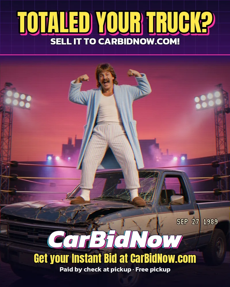 Retro 80s ad: Mullet Guy flexes in the bed of his wrecked pickup under the headline “Totaled your truck? Sell it to CarBidNow.com”