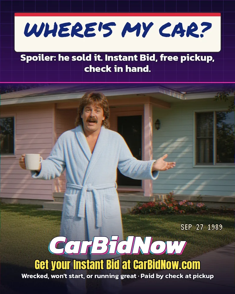 Where's My Car? retro ad: Mullet Guy in a bathrobe stares at his empty driveway. Click to play the video.